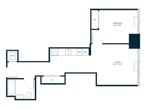Floor plan for 1 bed, 1 bath, 607 sqft